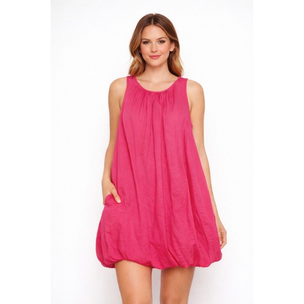 Sleeveless Bubble Hem Dress in Hot Pink